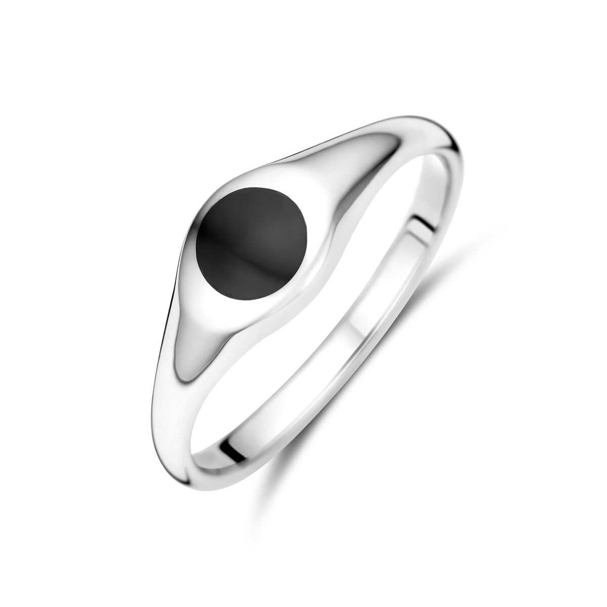 Ring aus rhodiniertem Silber mit schwarzem Onyxstein in ovaler Form