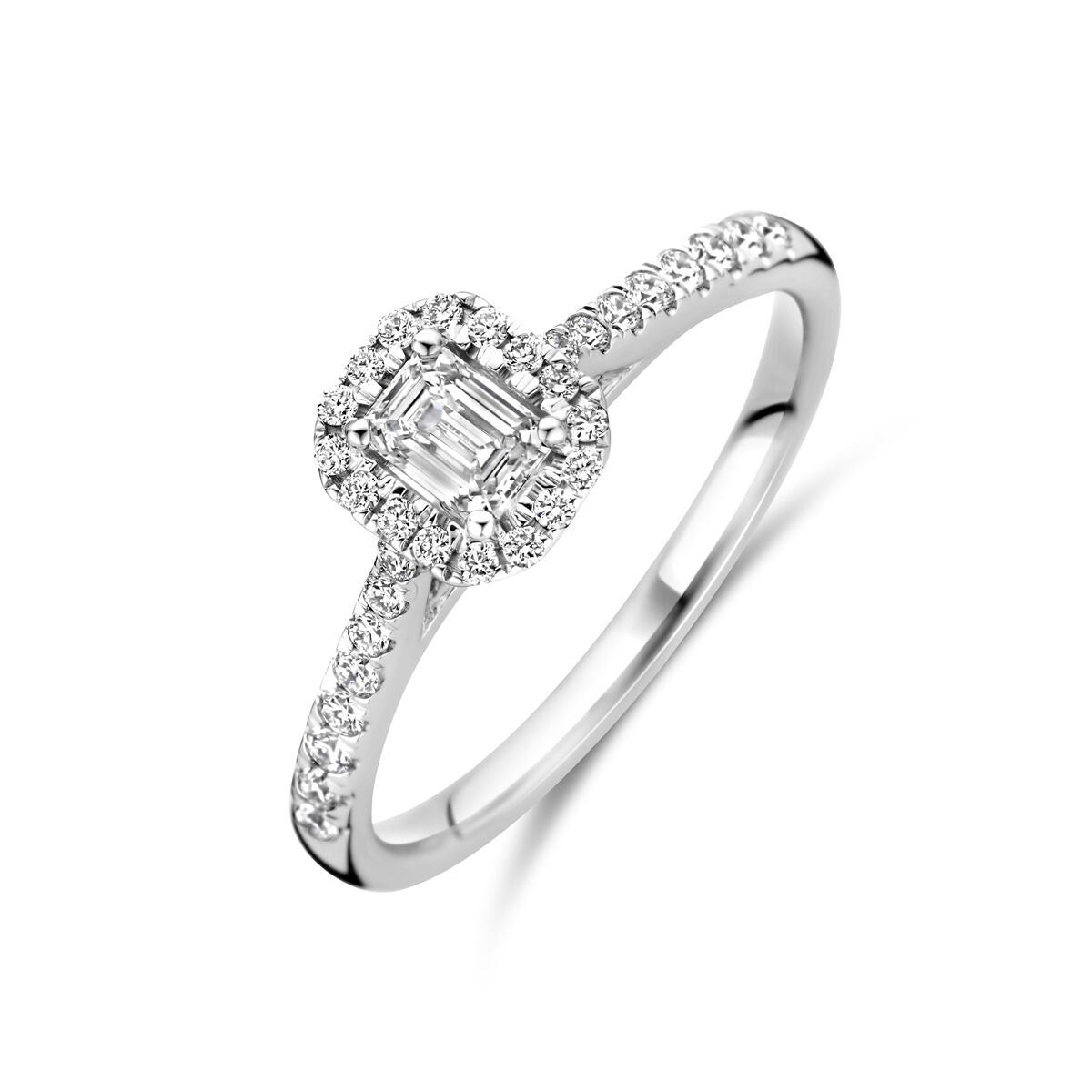 Ring aus 14K Weißgold mit lab-grown Diamant 0,48 ct und kleinen, funkelnden Steinen am Band