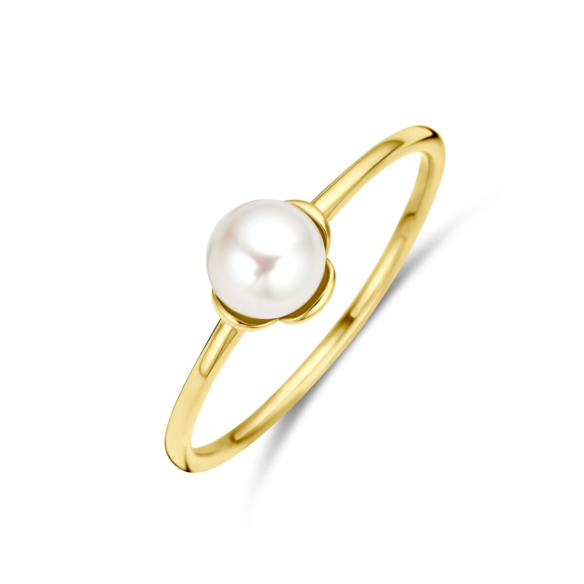 Ring aus 14K Gelbgold mit einer runden, weißen Perle in der Mitte