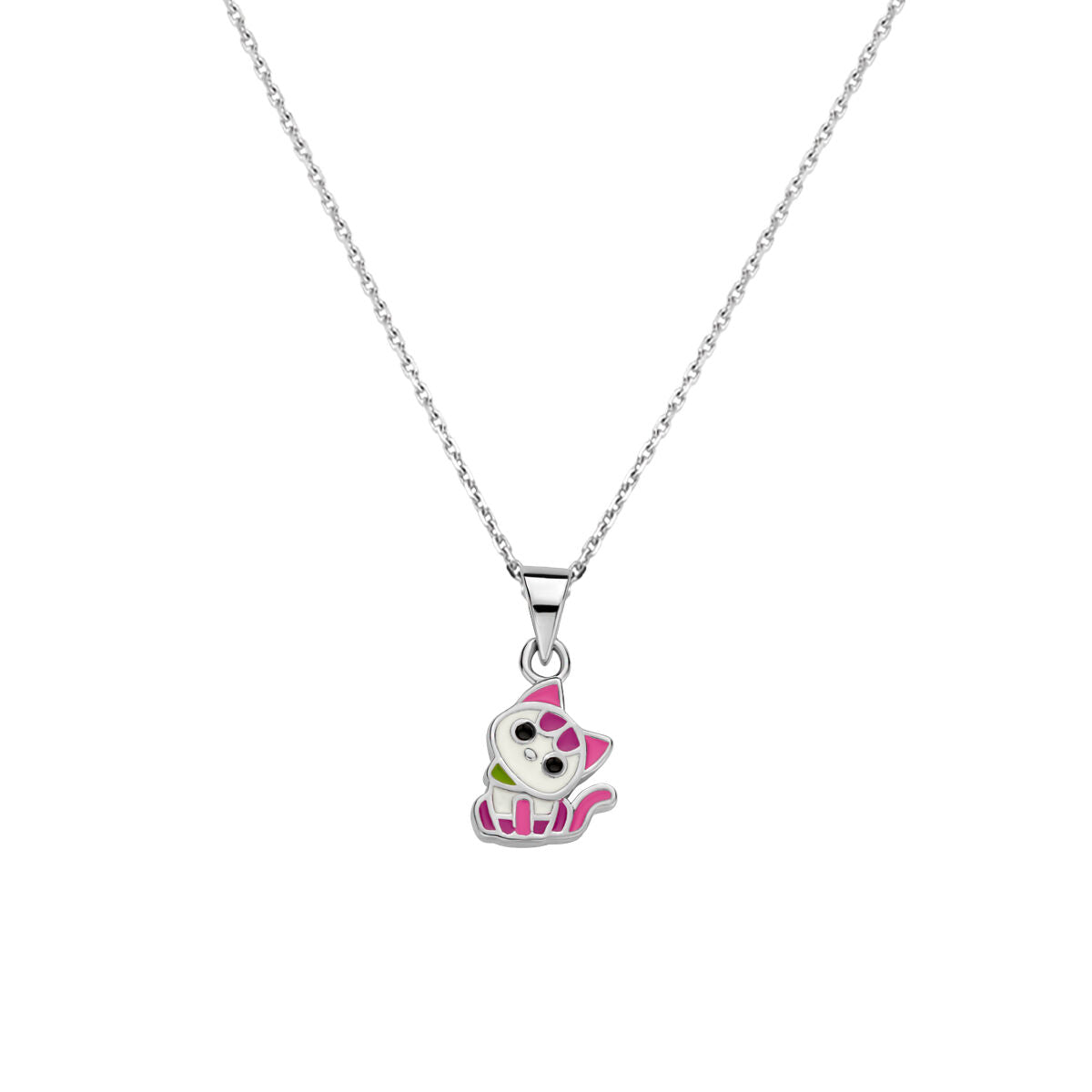 Collier mit rhodiniertem Silber und einem Katzenanhänger in Pink und Weiß mit Steinchen