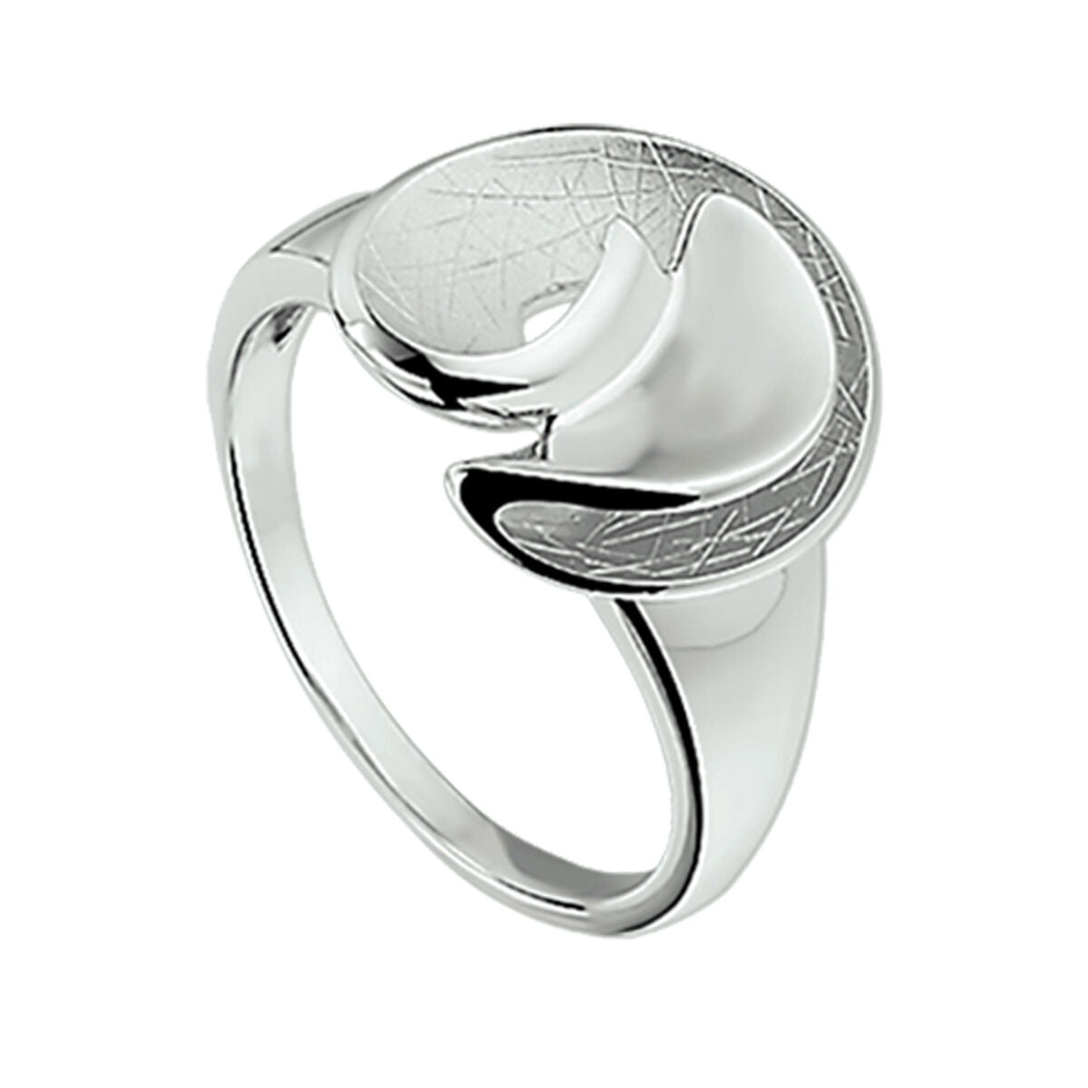 Ring aus rhodiniertem Silber mit strukturiertem, glänzendem Element und mattem Zierelement
