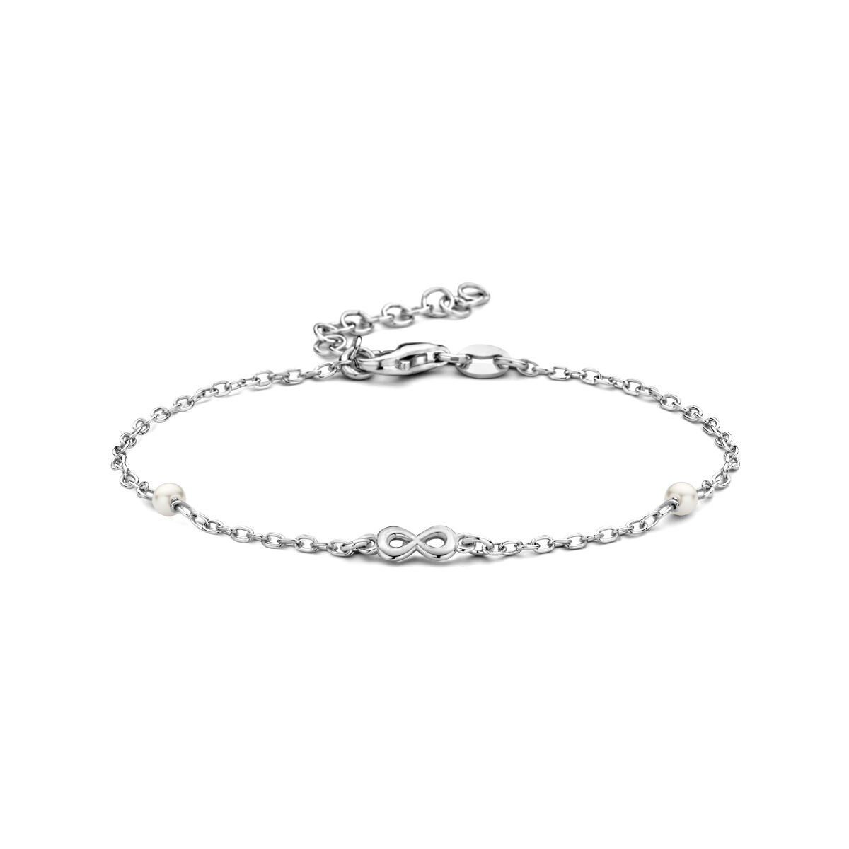 Armband aus rhodiniertem Silber mit unendlichem Symbol und synthetischen Perlen, 16 + 3 cm lang