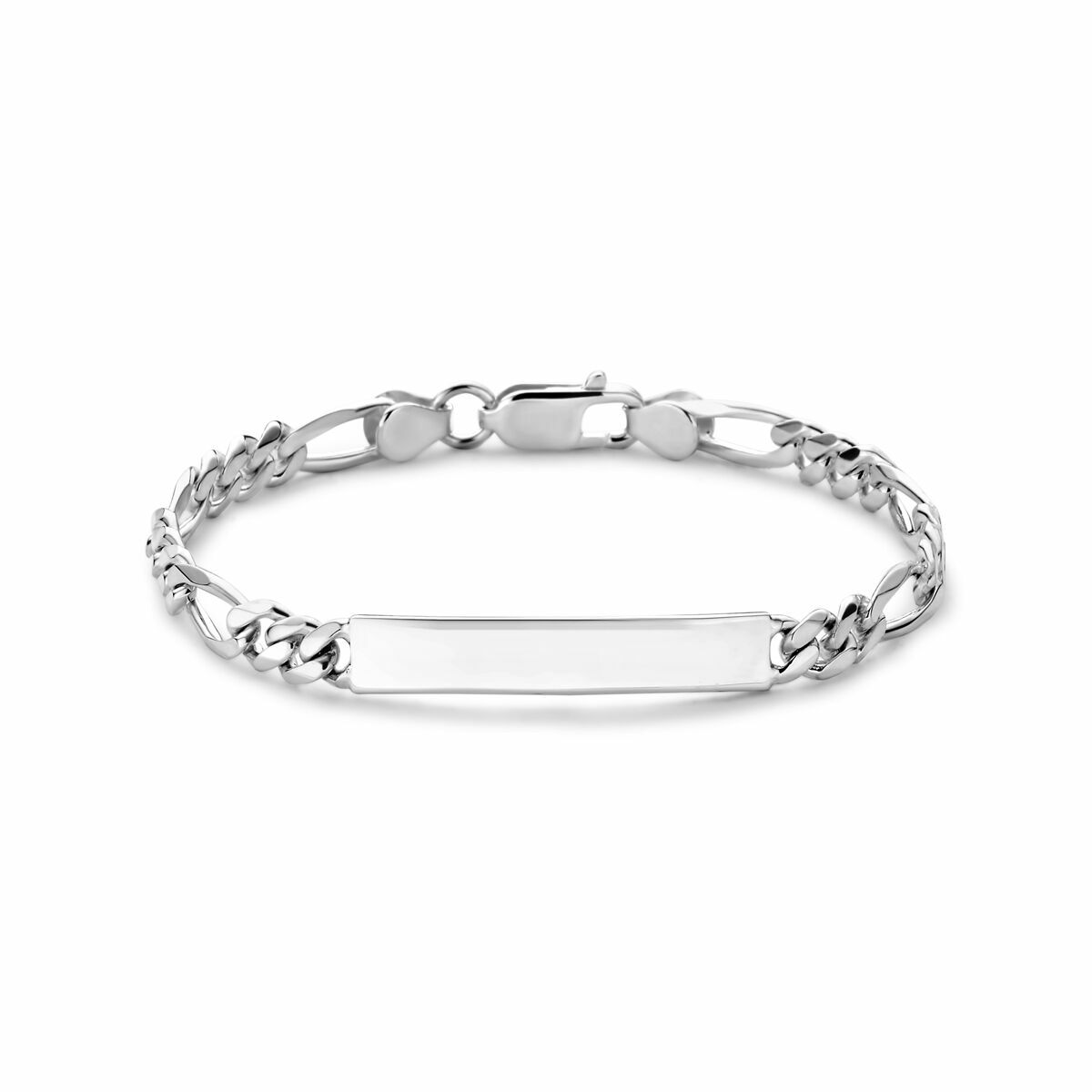 Gravurarmband aus Silber mit Figaro-Gliedern und einer glatten, rechteckigen Platte
