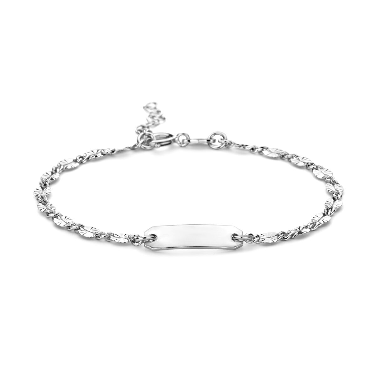 Gravurarmband aus rhodiniertem Silber mit 5,0 mm breiter Platte und 16 + 2 cm langem Kettenarmband