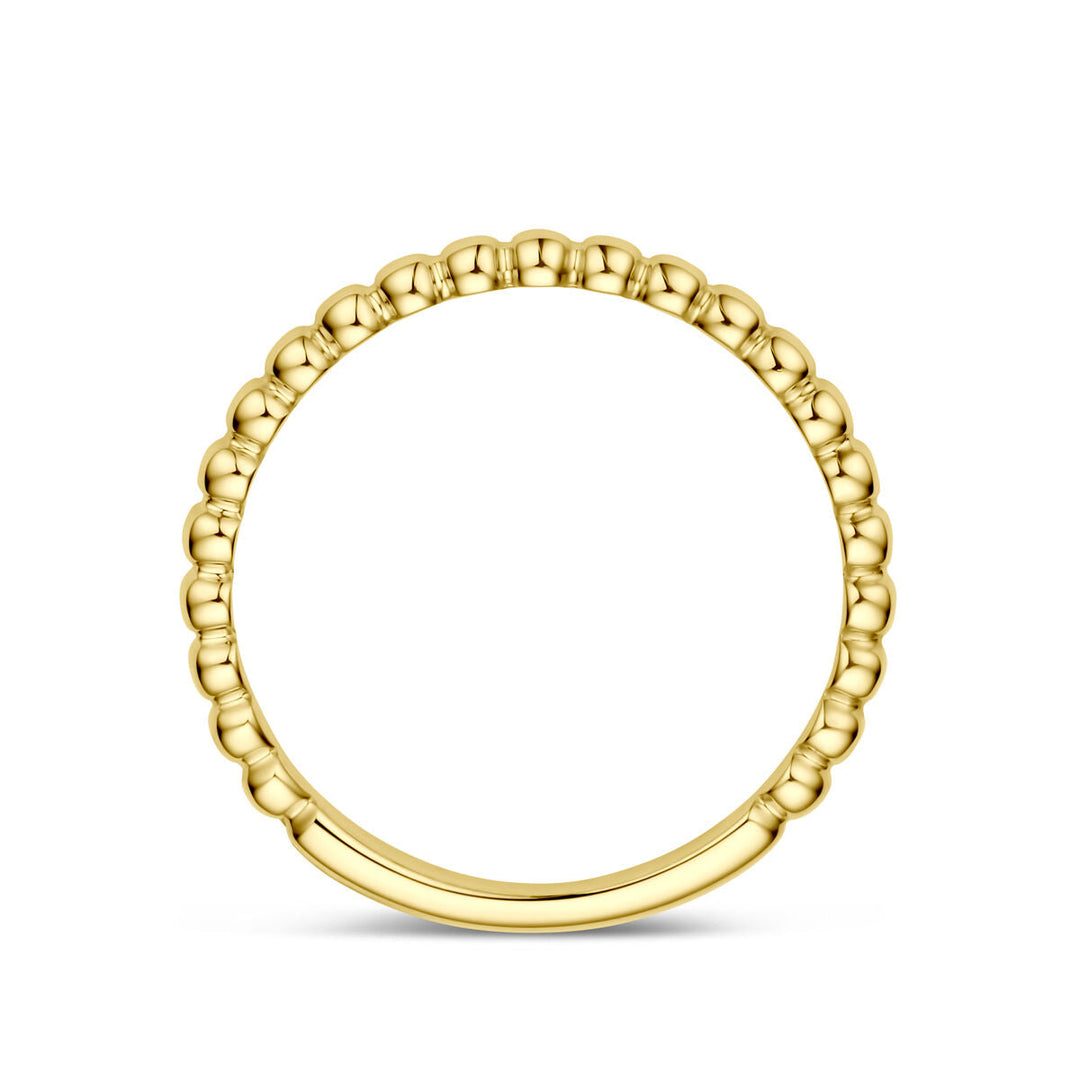 De ring 14K geelgoud van Van der Kooij Collectie heeft een gladde onderkant en een kralen bovenkant, afgebeeld op een witte achtergrond.
