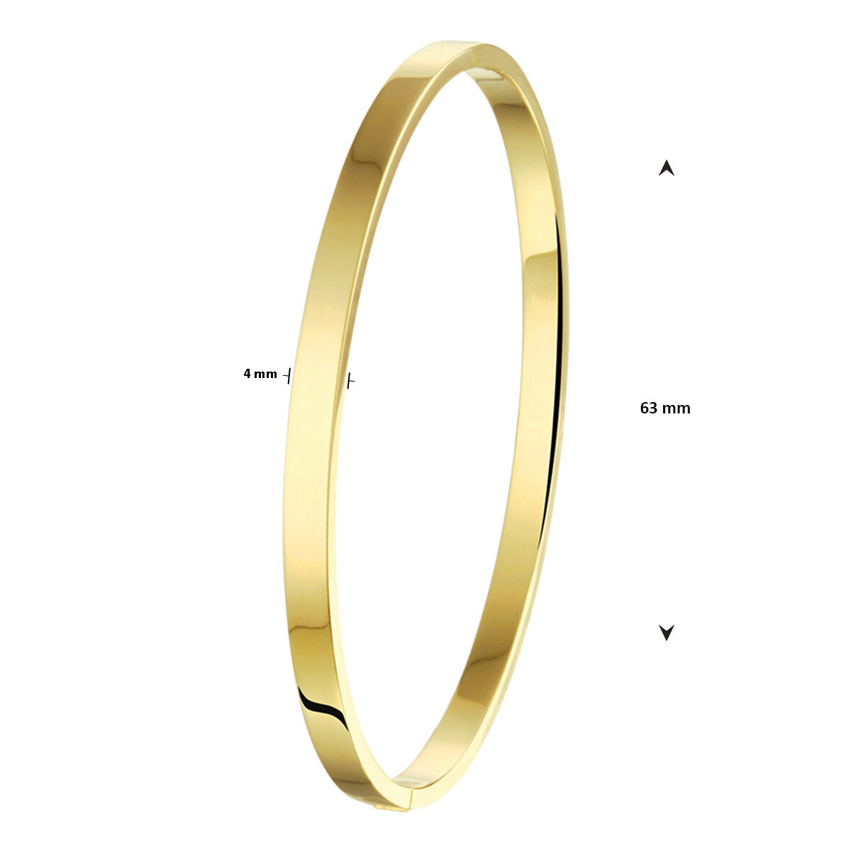 Een strakke bangle scharnier massief vlakke buis 4,0 mm Zilgold (geelgoud met zilverkern) van Van der Kooij Collectie is weergegeven op een witte achtergrond met maataanduidingen; het unisex ontwerp past bij elke stijl.