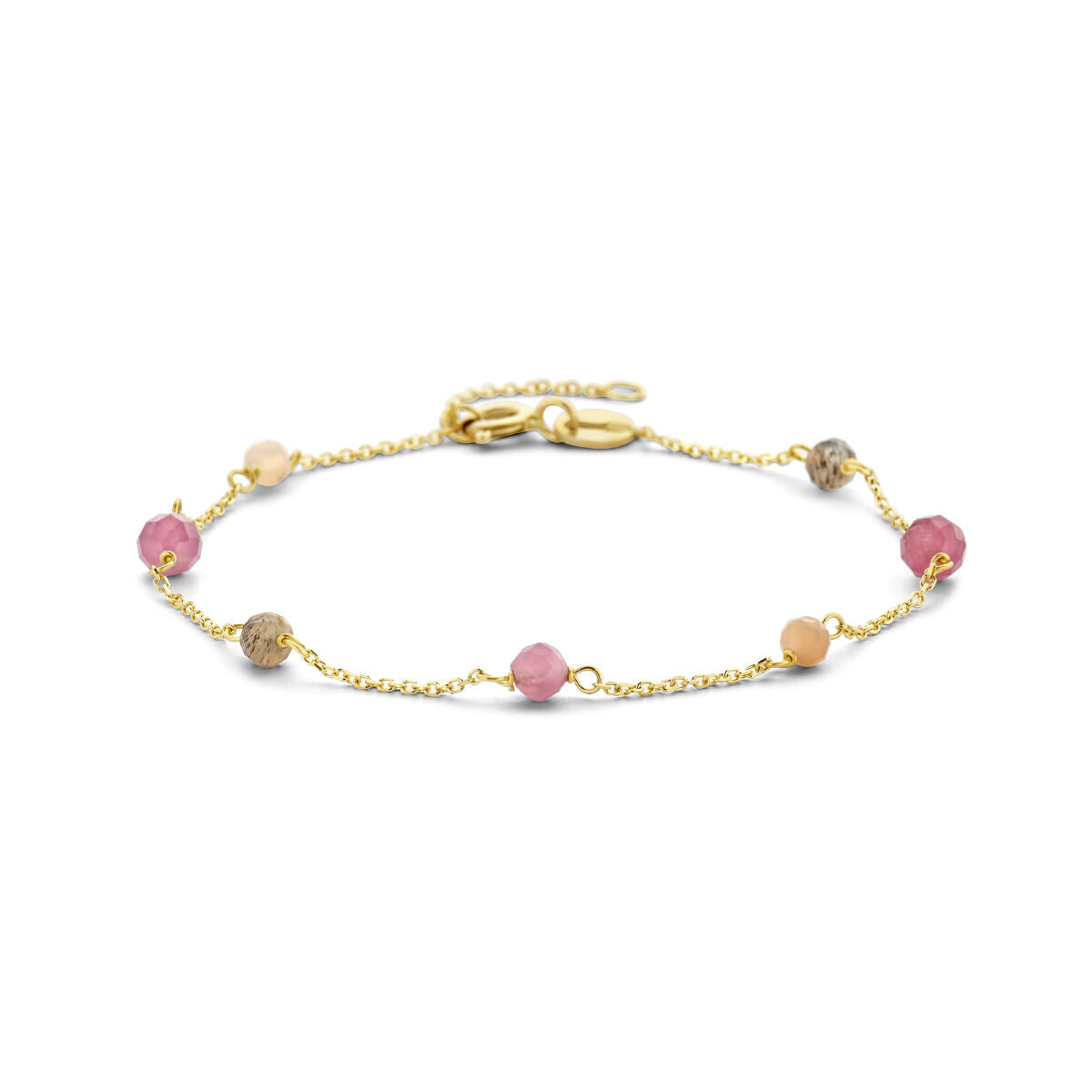 Armband aus 14K Gelbgold mit bunten Turmalin-Perlen und feiner Gliederkette