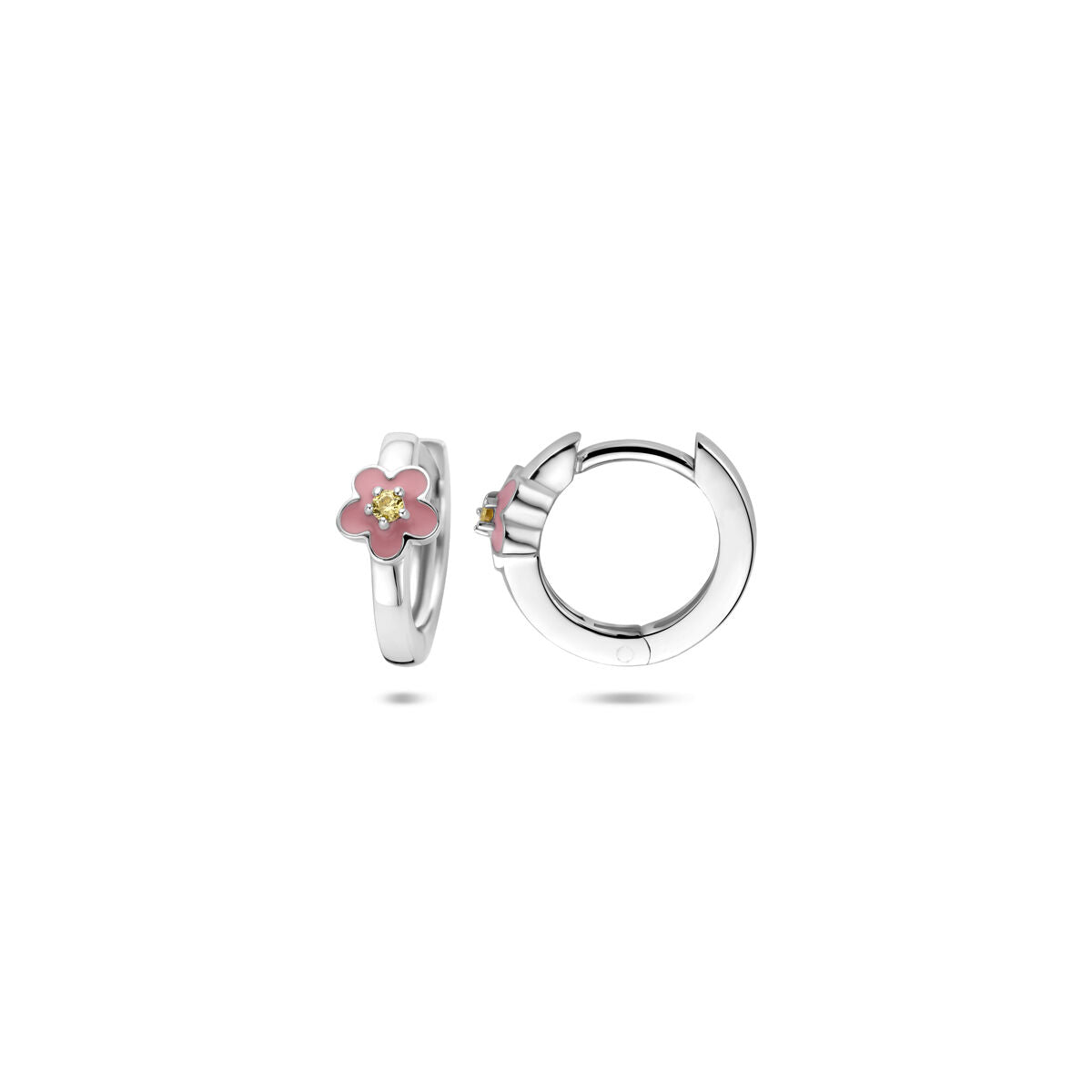Klappcreolen aus Silber mit Emaille-Blume und gelbem Zirkonia – 12 x 4,5 mm