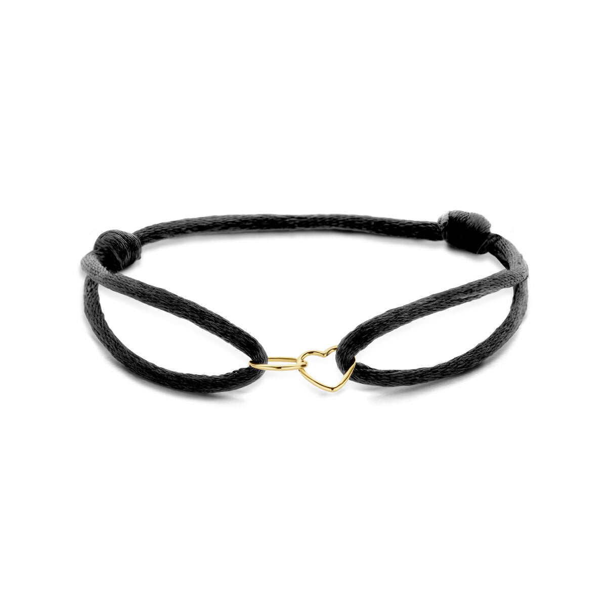 Armband aus schwarzem Satin mit einem herzförmigen und runden 14K goldenen Verschluss
