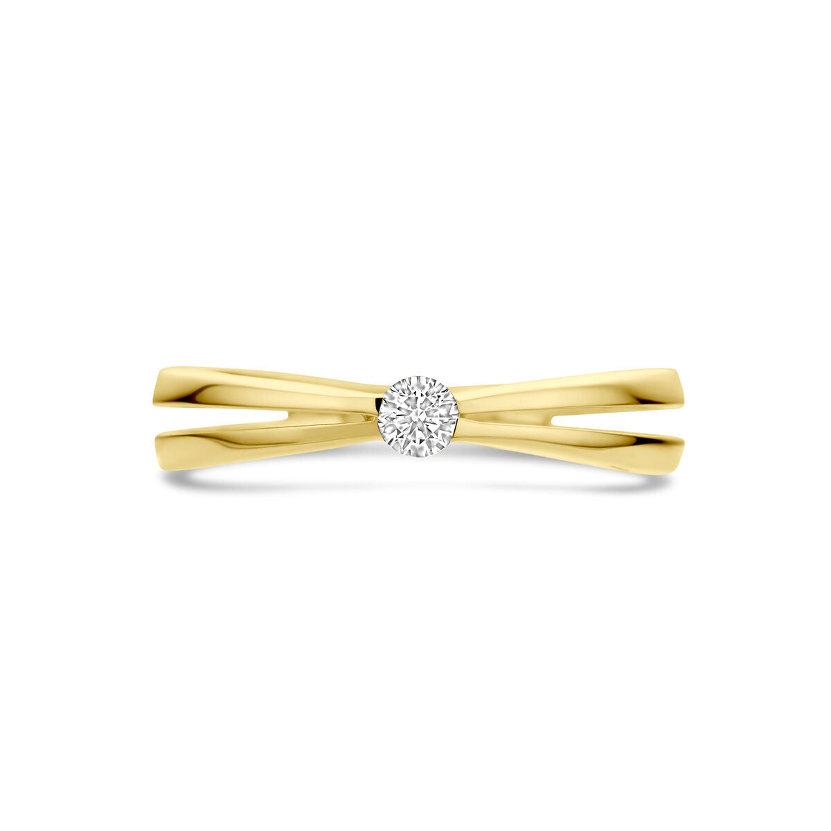 De Van der Kooij Collectie ring zirkonia 14K geelgoud is een splitband damesring in 14k geelgoud, met een centrale ronde zirkonia steen.