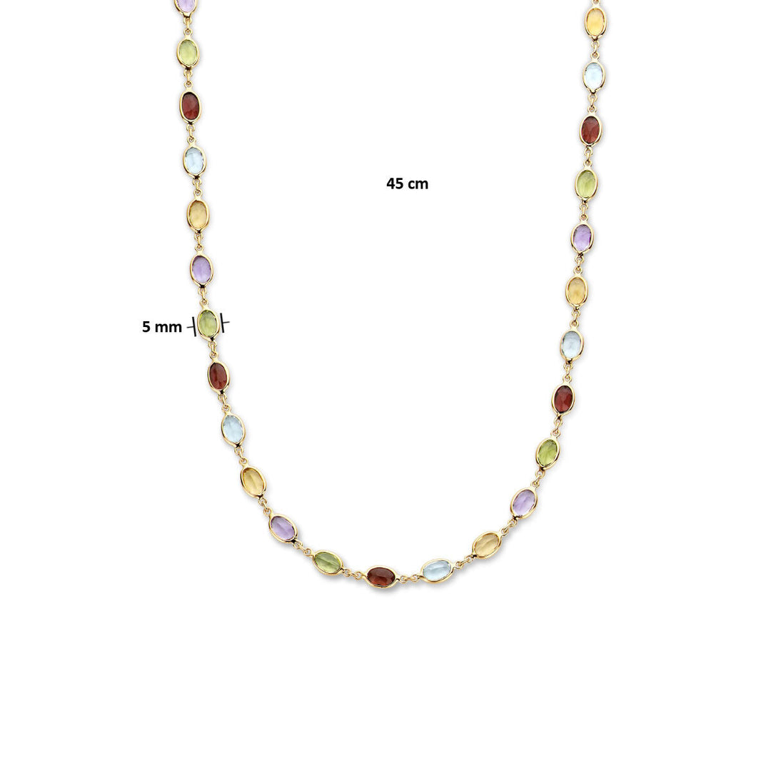 De Van der Kooij Collectie Gouden dames ketting natuurlijke kleurstenen 14K is een 45 cm geelgouden collier met luxe uitstraling, voorzien van ovale edelstenen van 5 mm in groen, rood, paars, geel en blauw.