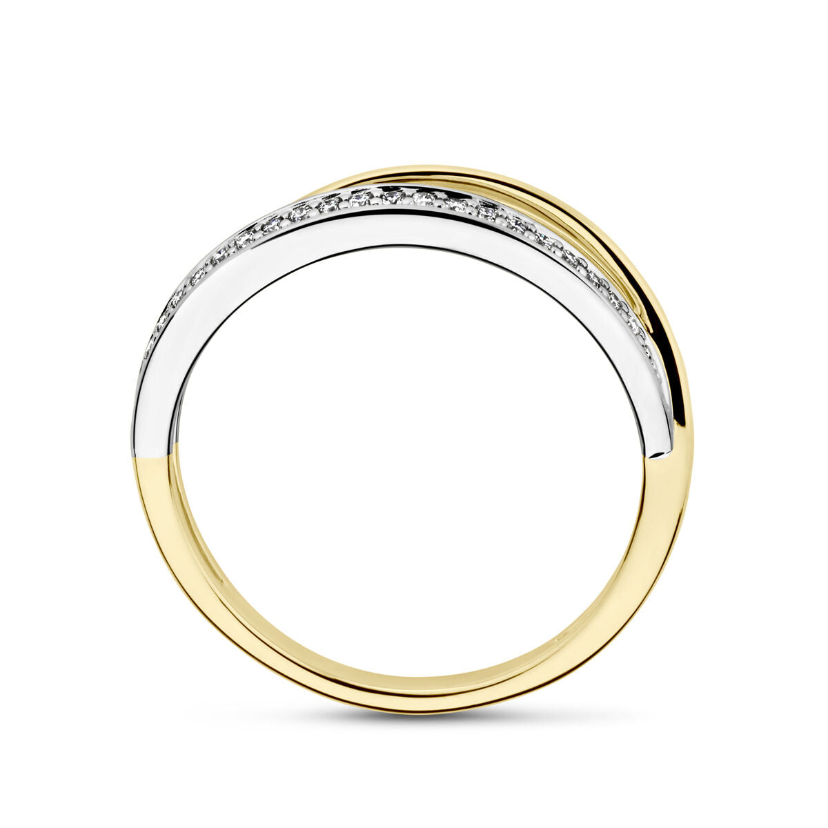 Een Van der Kooij Collectie ring in 14K tweekleurig geel/wit goud, bezet met 0.08ct H SI diamant, met glanzend gepolijst oppervlak en een verfijnde, moderne uitstraling.