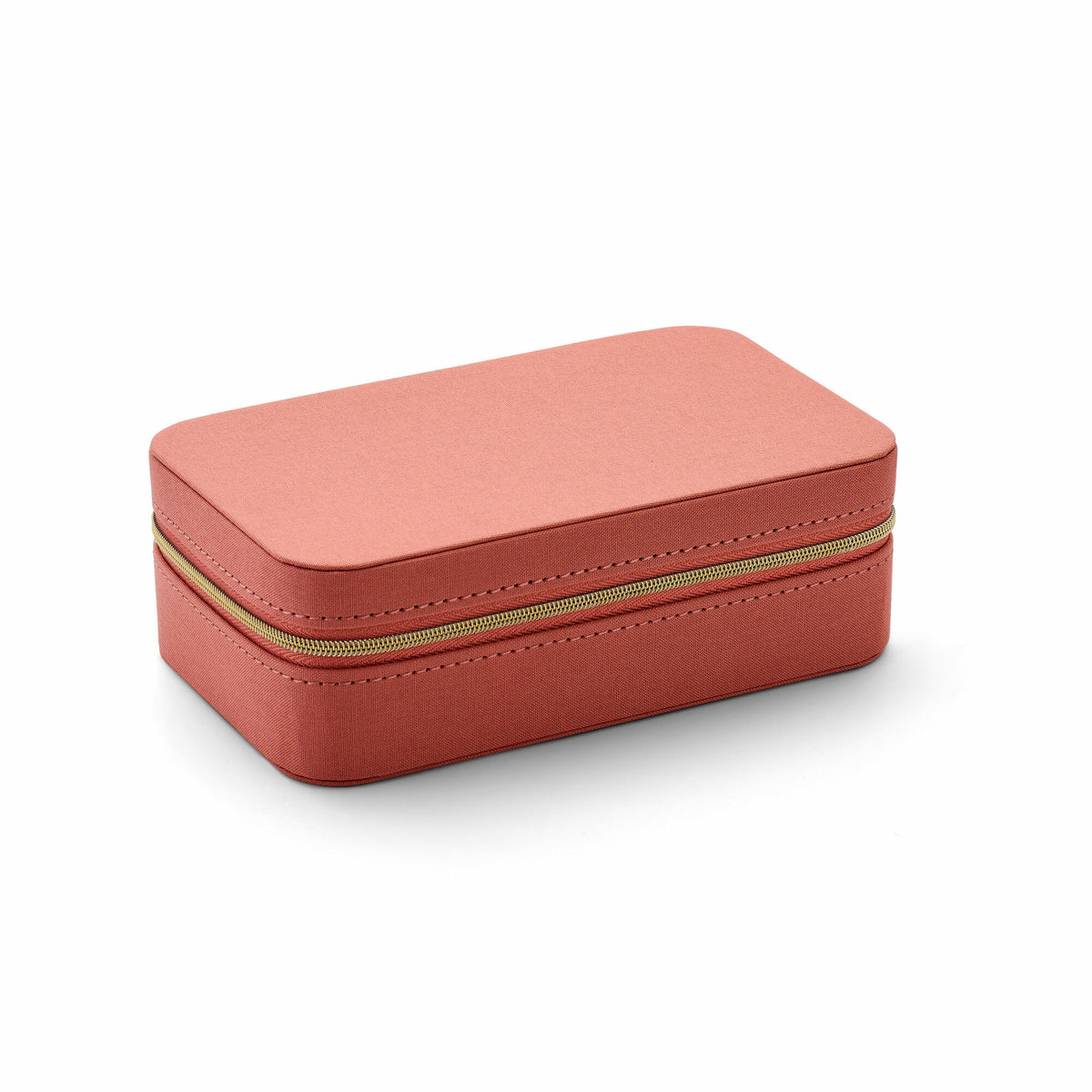 Schmuckbox aus weichem Pfirsichvelours mit goldener Ziernaht und rechteckiger Form