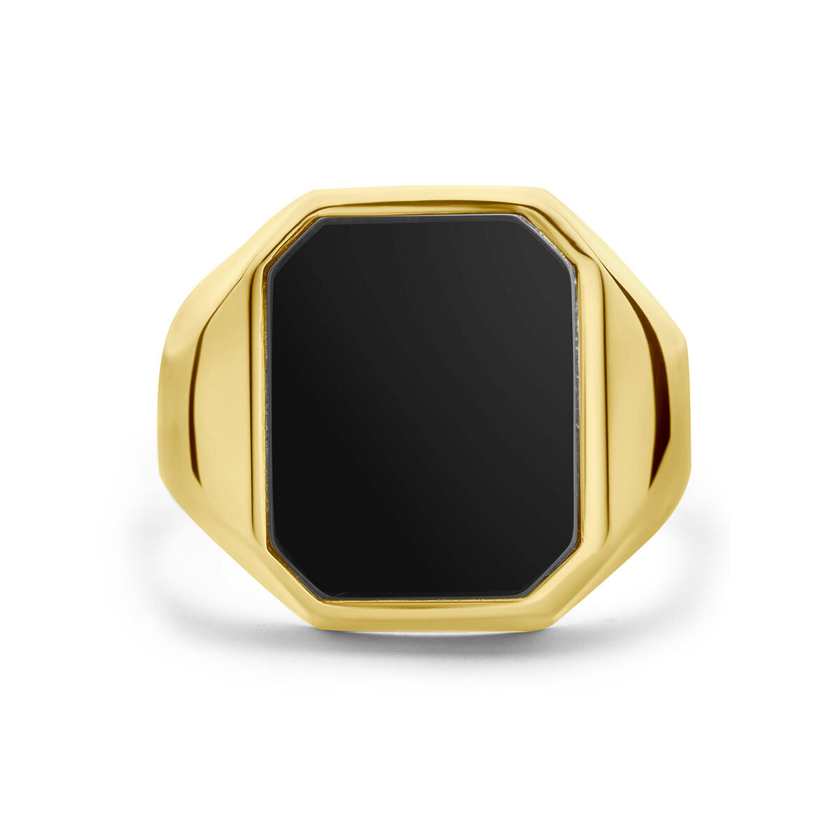 De Van der Kooij Collectie zegelring onyx 14K geelgoud bevat een grote, rechthoekige zwarte onyx als solitaire in het midden en wordt getoond tegen een witte achtergrond.