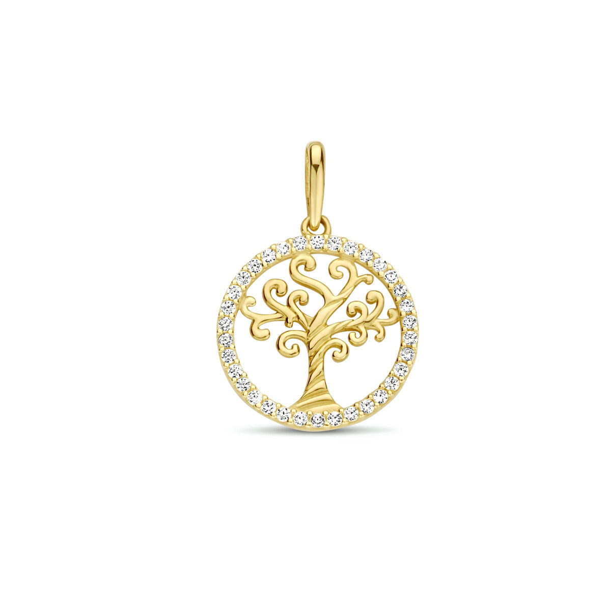 Hänger Lebensbaum aus 14K Gelbgold mit Zirkonia-Steinen im Kreis angeordnet