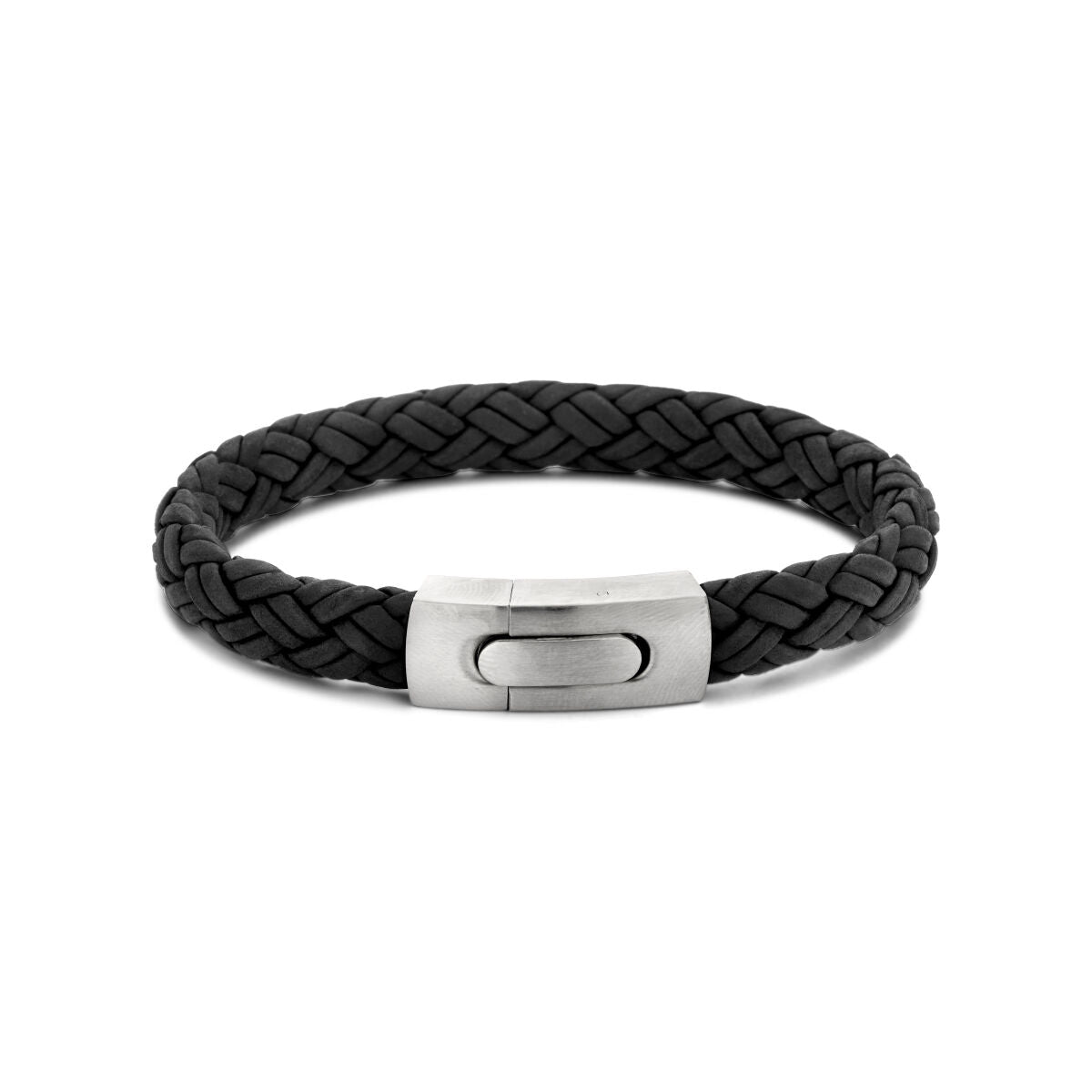 Armband aus schwarzem Leder mit Edelstahlverschluss und geflochtenem Design