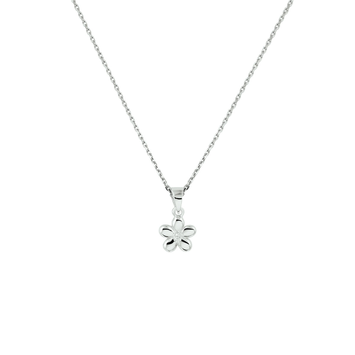 Collier mit rhodiniertem Silber, 1,1 mm, 36 + 4 cm lang, mit blütenförmigem Anhänger.
