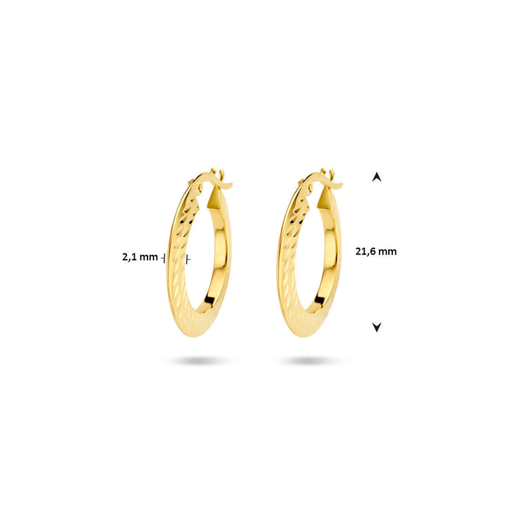 Een paar oorringen spitse buis 14K geelgoud van Van der Kooij Collectie met structuurdesign en scharniersluiting, 2,1 mm breed en 21,6 mm hoog. Perfecte dames oorbellen voor elke gelegenheid.