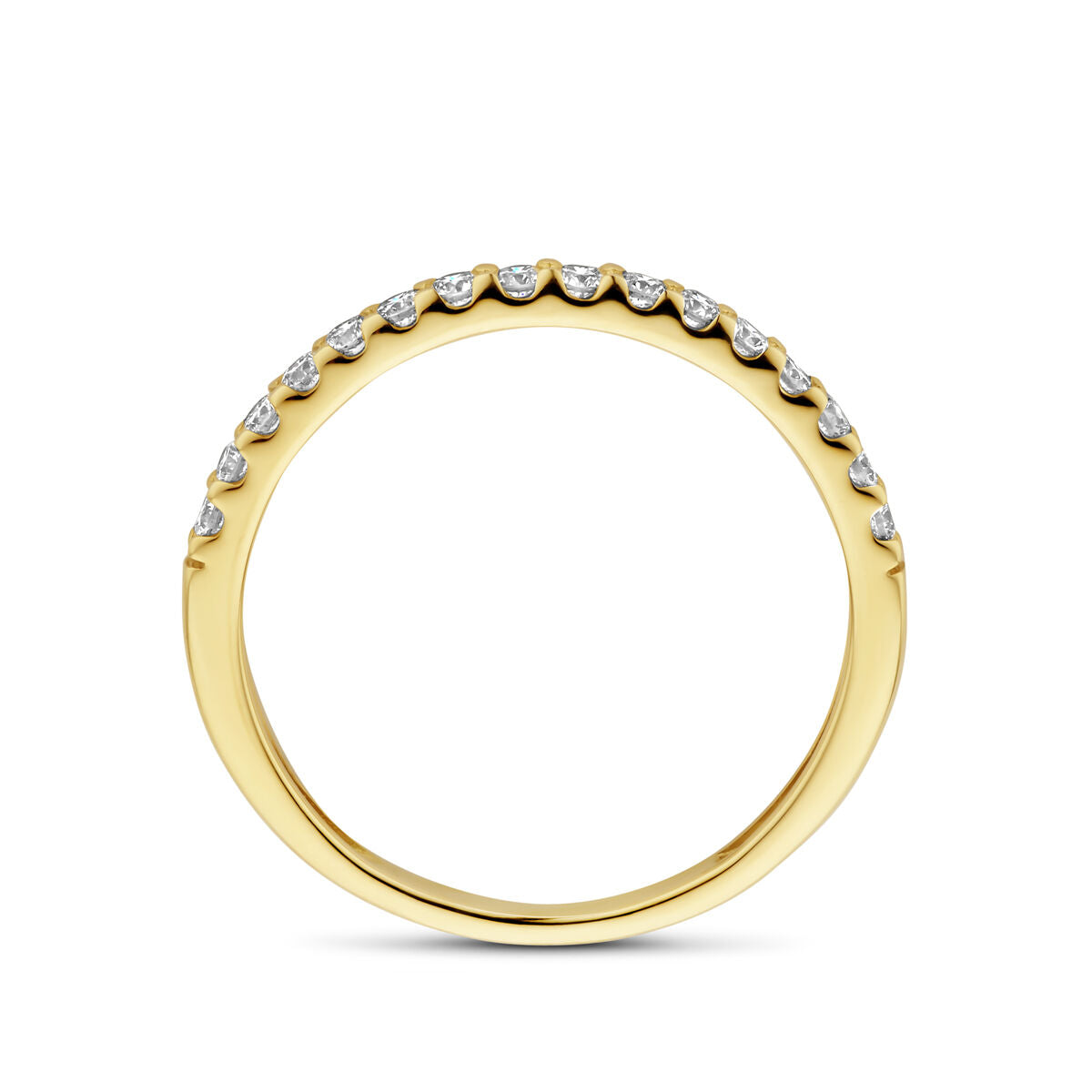 De Van der Kooij Collectie ring lab grown diamant 0.255ct h si 14K geelgoud heeft een slanke 14k geelgouden band met kleine ronde lab-grown diamanten gezet langs de bovenkant, afgebeeld tegen een witte achtergrond.