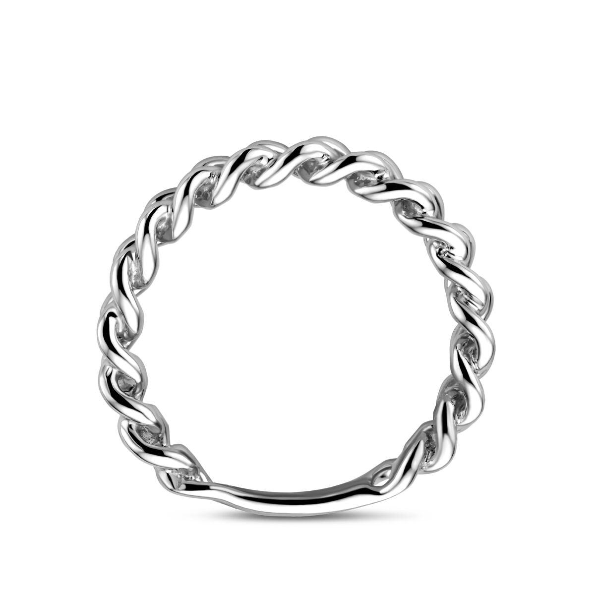 De Van der Kooij Collectie ring schakel zilver gehodineerd is een 925 zilveren ring met gedraaid touw schakelmotief, gefotografeerd op een witte achtergrond. Dit elegante ontwerp dubbele tijdloze klasse met moderne verfijning.