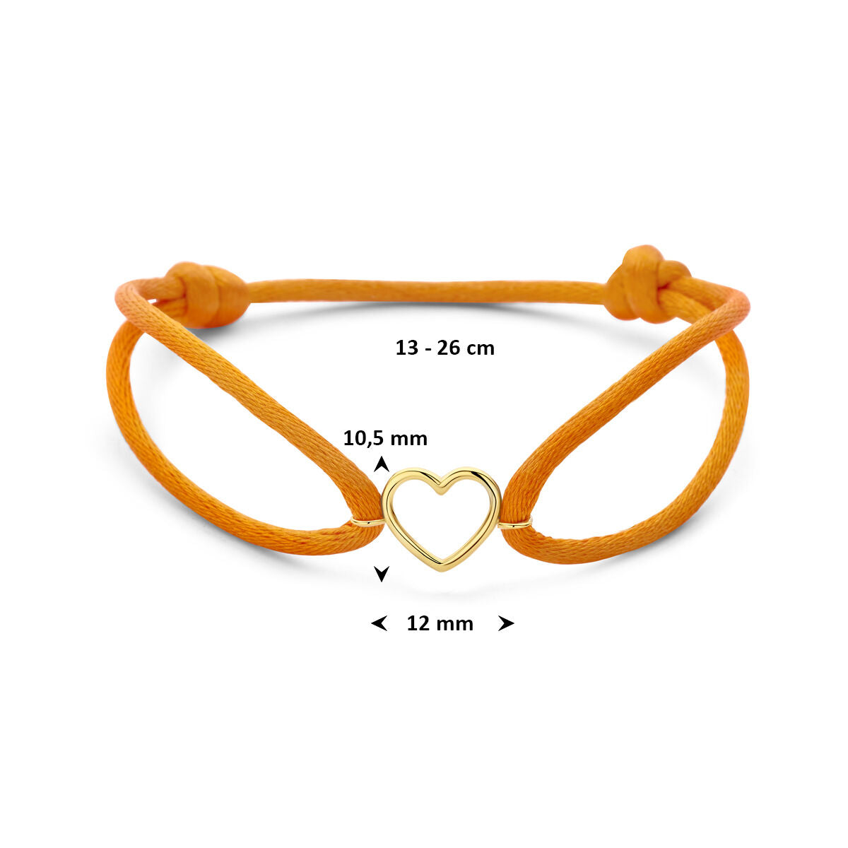 Orangefarbenes Satinarmband mit Herzchen aus 14 Karat Gelbgold