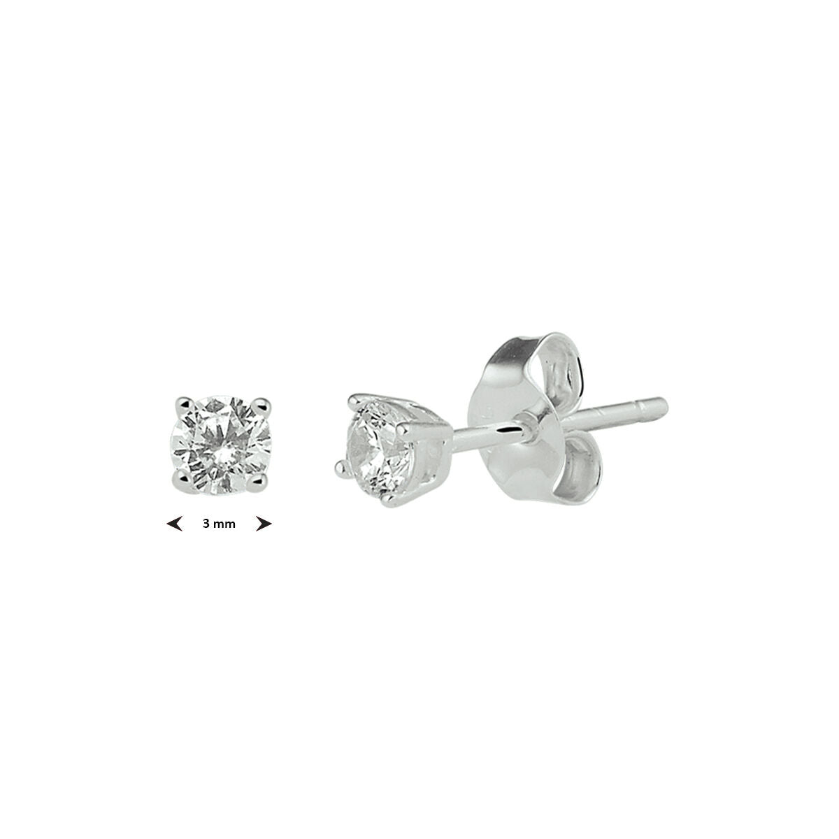 Een paar oorknoppen zirkonia zilver wit uit de Van der Kooij Collectie, met kleine ronde zirkonia studs in wit metaal met een diameter van 3 mm, die het precieze vakmanschap van Van der Kooij benadrukken, te zien in voor- en zijaanzicht.