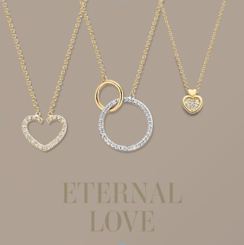 Gelbgold Collier 14 Karat mit zwei verbundenen Kreisen und Diamant 0.11 ct