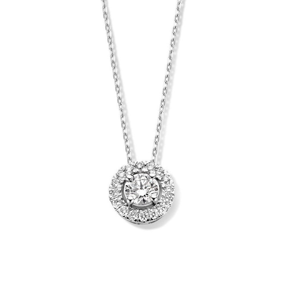 Collier aus Weißgold mit rundem Anhänger, besetzt mit einem zentralen Diamanten und kleinen Brillanten