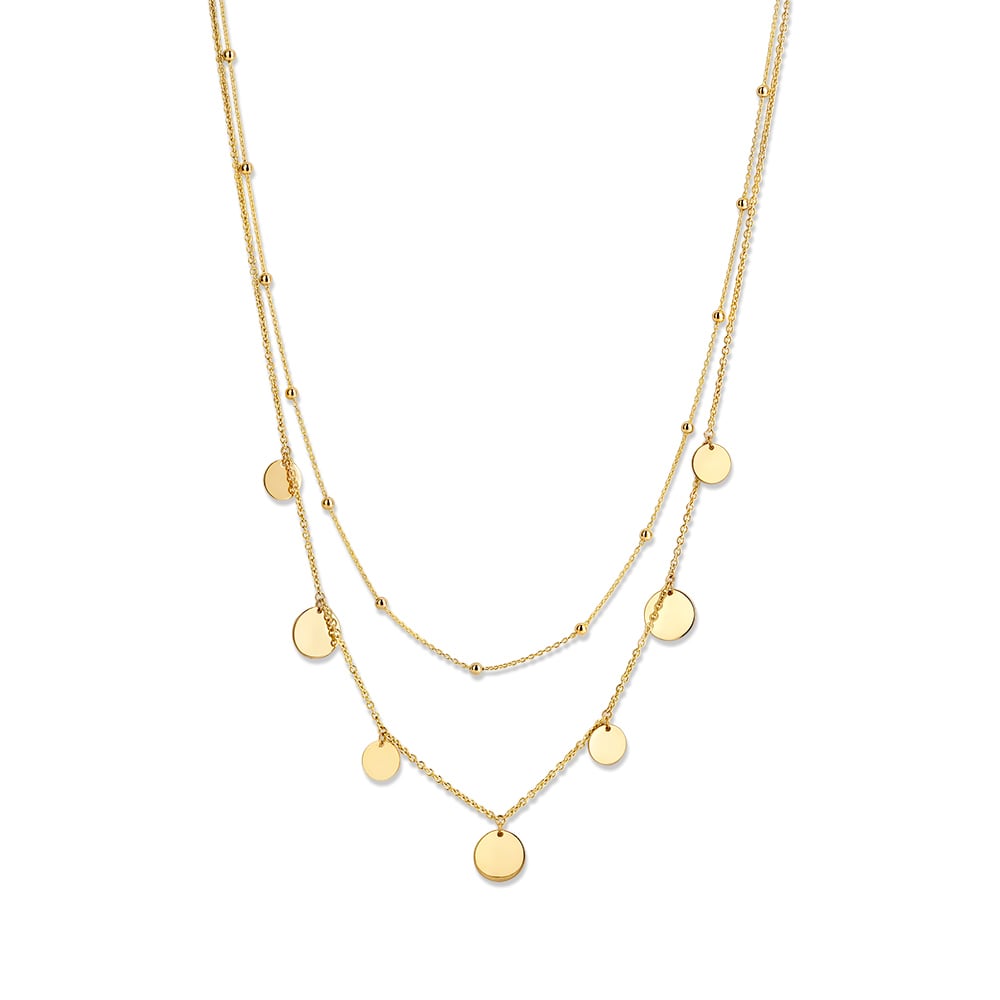 14K gelbgoldenes Collier mit doppelter Kette und Münzen in modernem Design für Damen