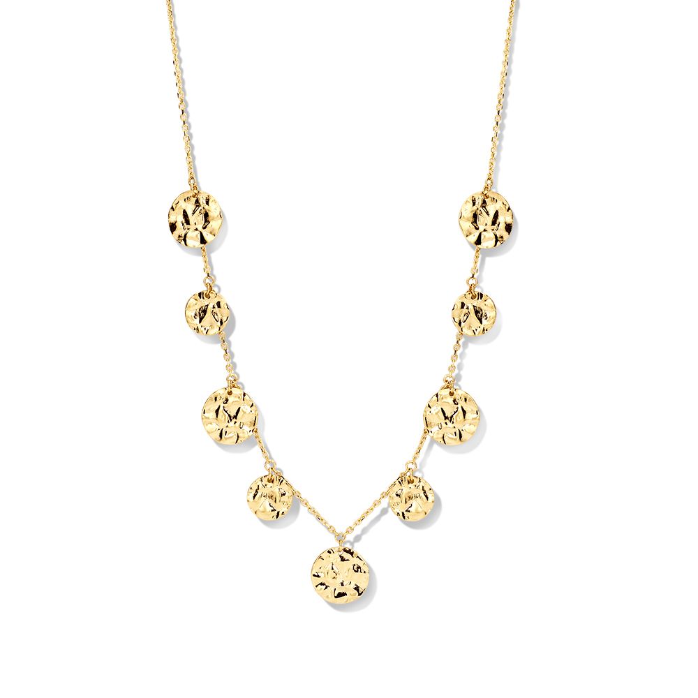 14K gelbgoldenes Collier mit gehamerten Münzen, feine Kette mit runden Anhängern
