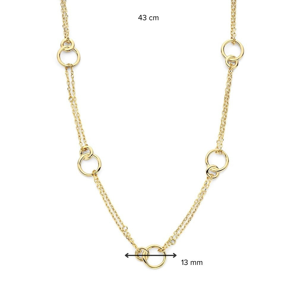 Gelbgold-Collier mit doppelter Gliederkette und verbundenen Kreisen – 14-Karat-Eleganz für Damen