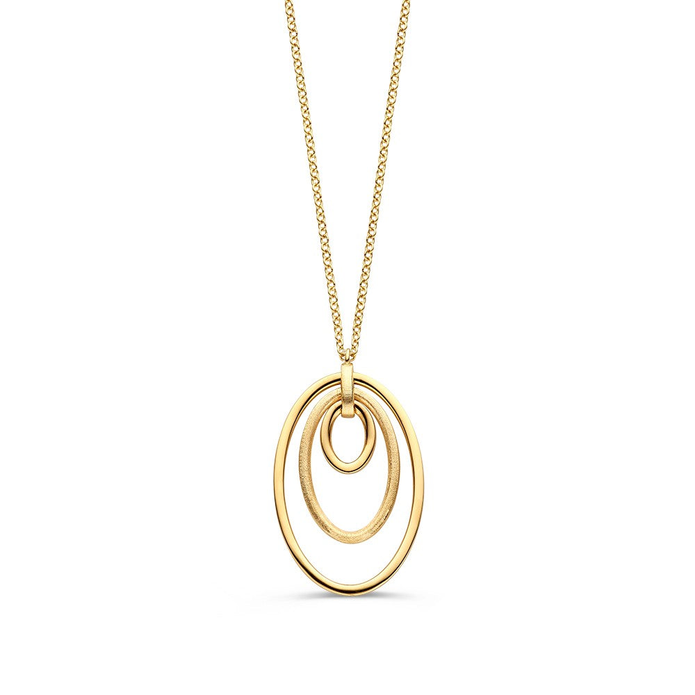 Gelbgoldenes Collier mit auffälligem Anhänger aus drei ovalen Elementen aus 14 Karat Gold