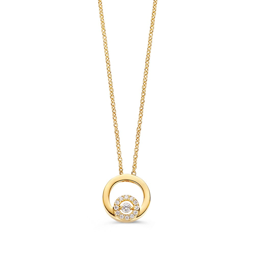Gelbgoldenes Collier mit Diamanten, 14 Karat, mit rundem Anhänger und feiner Kette