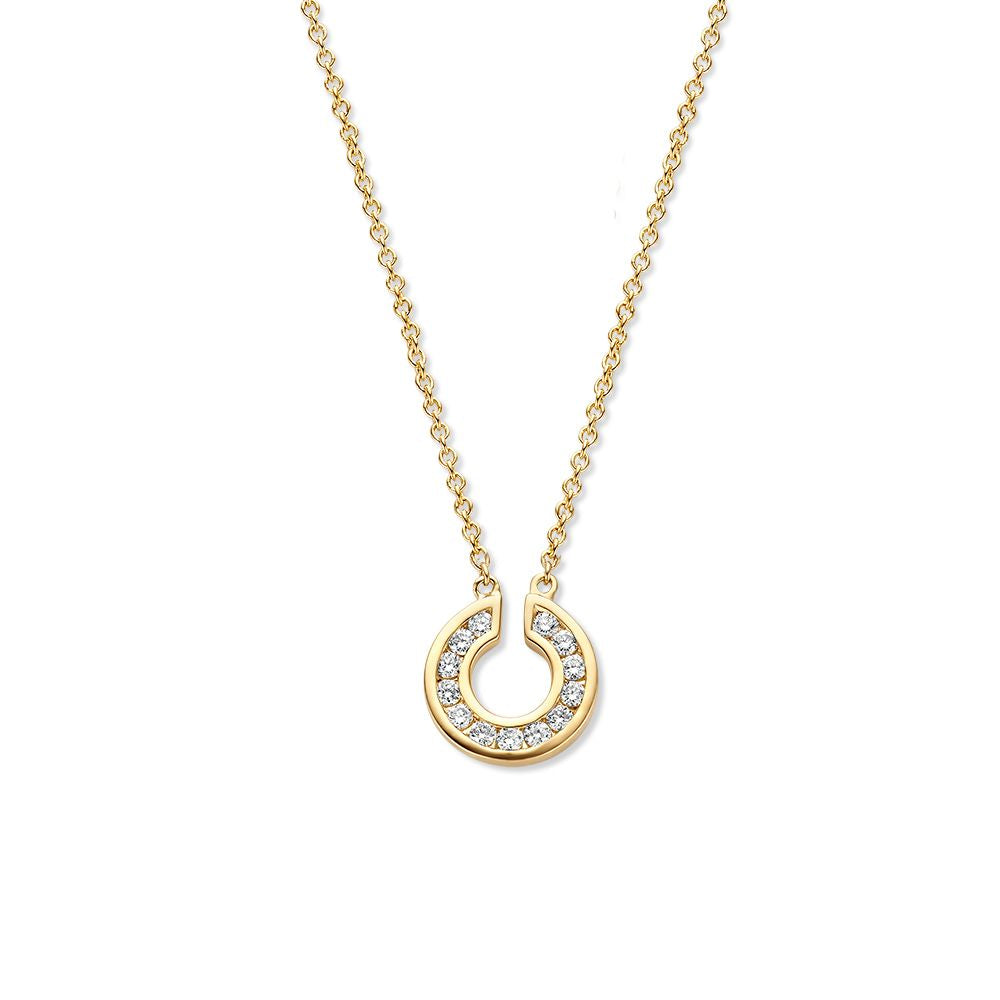 Gelbgoldenes Collier mit Diamanten, 14 Karat, mit runder Anhänger und funkelnden Steinen