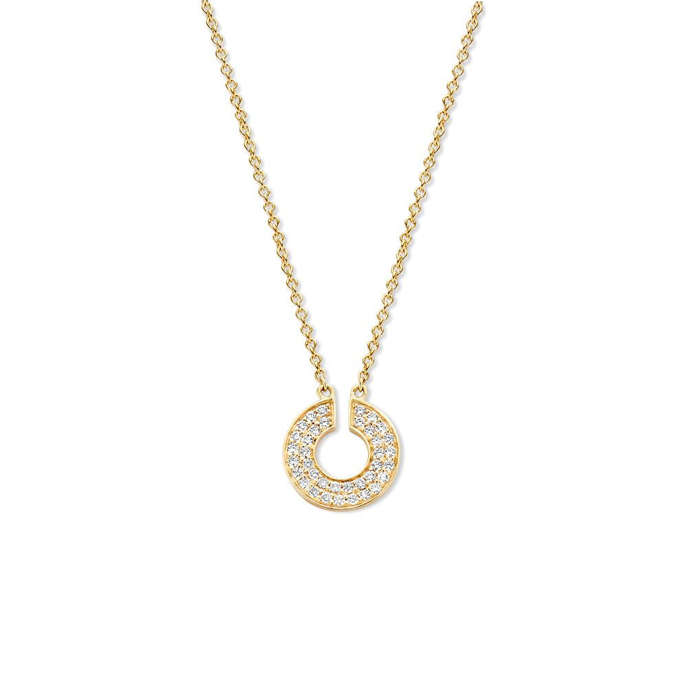 Gelbgoldenes Collier mit rundem Anhänger, besetzt mit funkelnden Diamanten