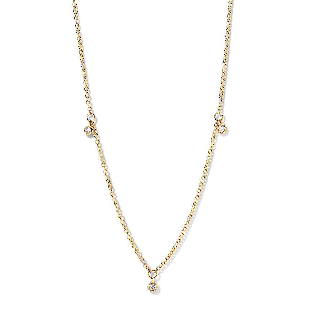 Gelbgoldenes Collier mit drei kleinen Diamanten, feine Gliederkette, zeitloses Design