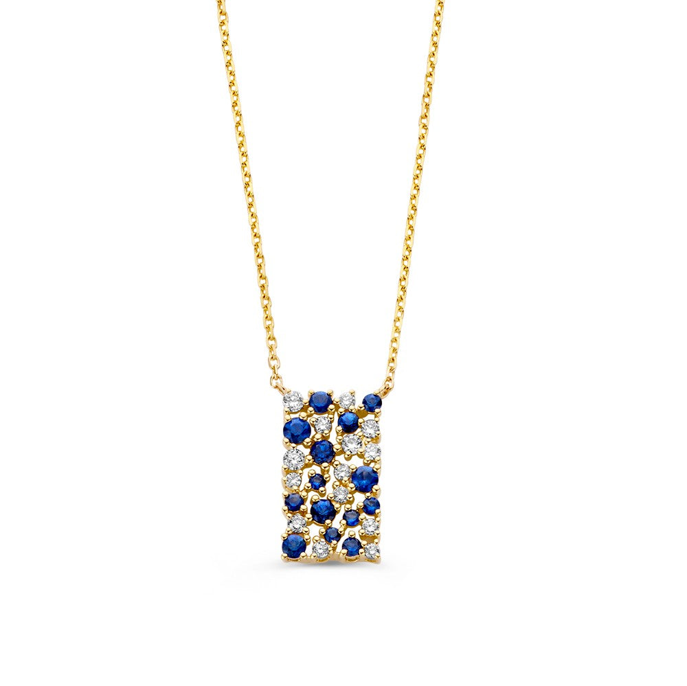 Gelbgoldenes Collier mit Saphiren und Diamanten, 14 Karat Gold, rechteckiger Anhänger mit blauen Steinen und weißen Diamanten