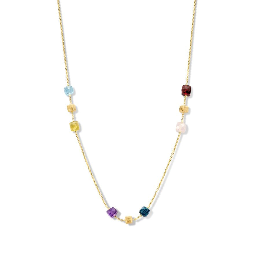 Gelbgoldenes Collier mit matten goldenen Elementen und bunten Edelsteinen in verschiedenen Formen