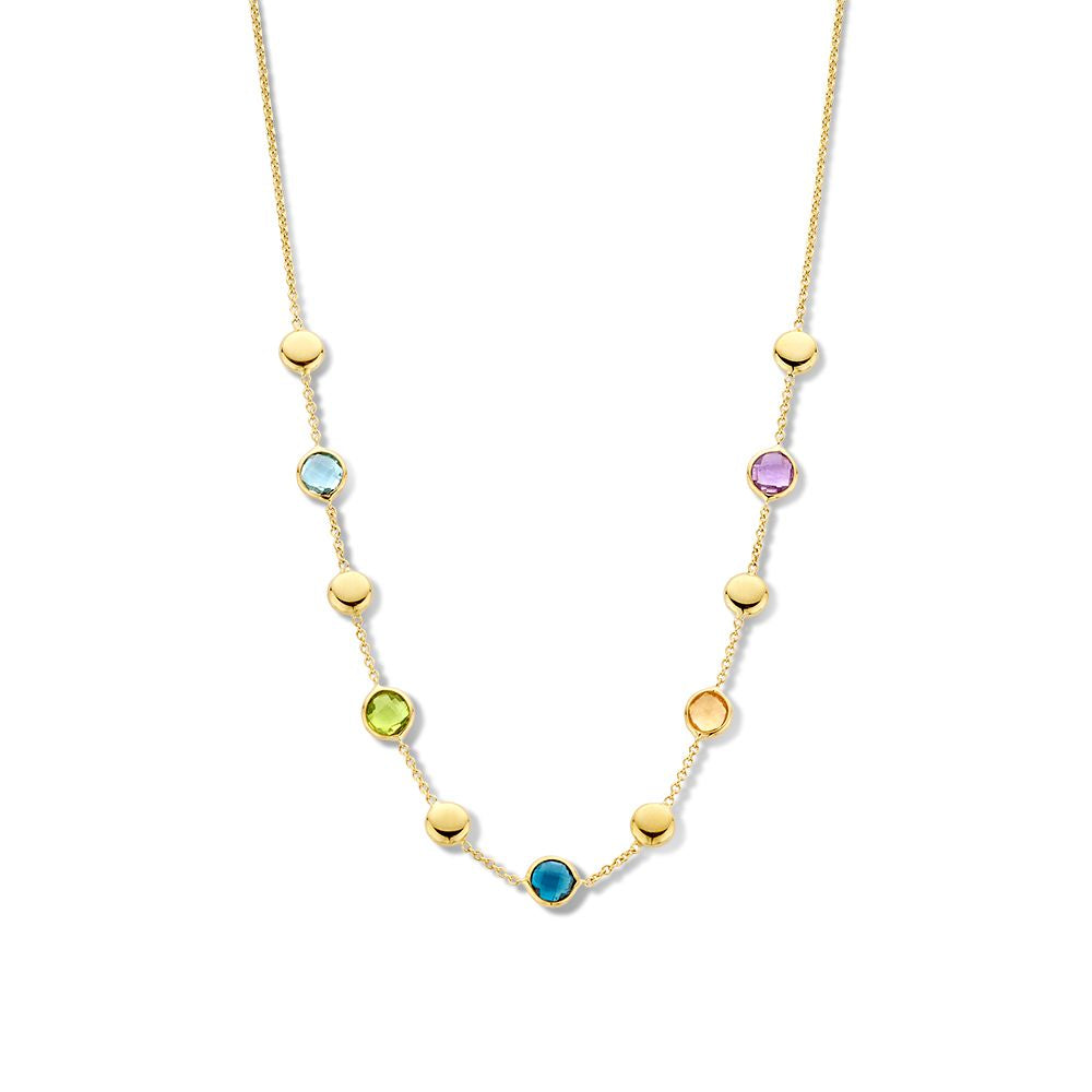 Gelbgoldenes Collier mit bunten Farbsteinen und goldenen Akzenten aus 14 Karat Gold