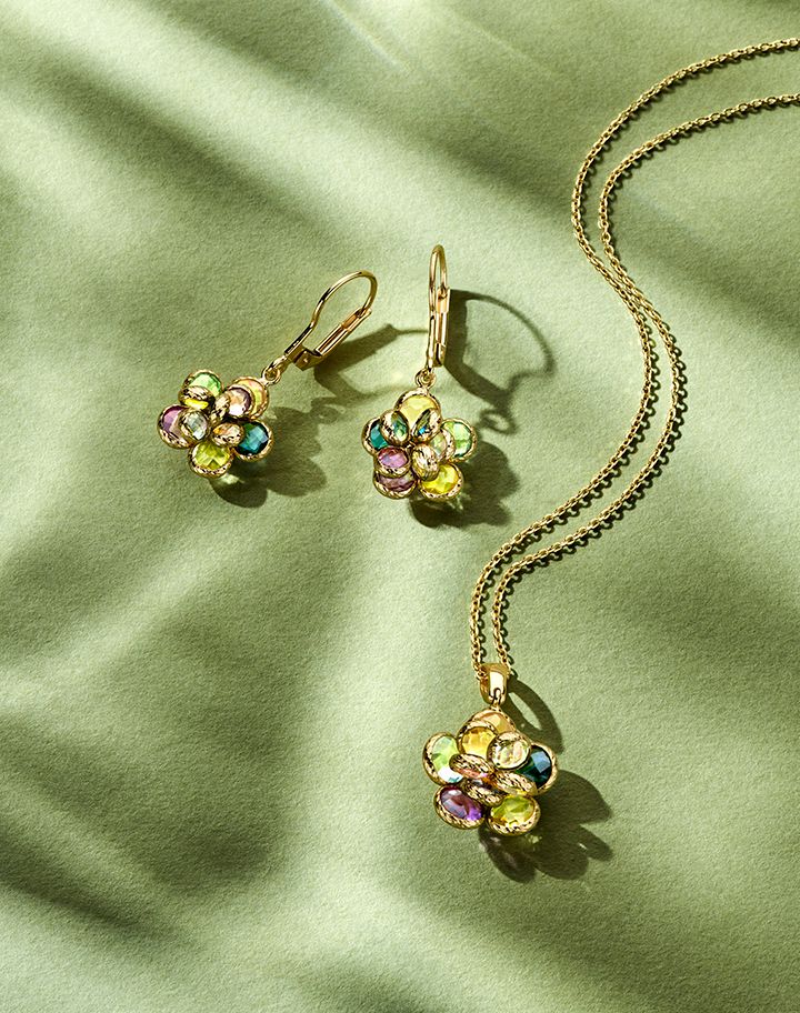 Gelbgold Collier mit Blumenanhänger & Multicolor Edelsteinen – 14 Karat Gold