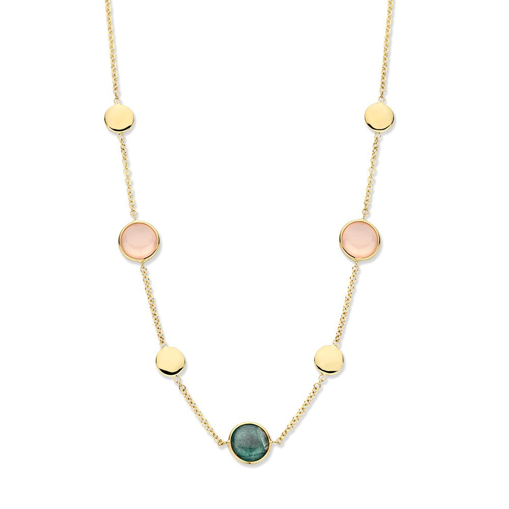 Gelbgoldenes Collier mit Labradorit und Rosenquarz, 14 Karat Gold, mit bunten Edelsteinen.