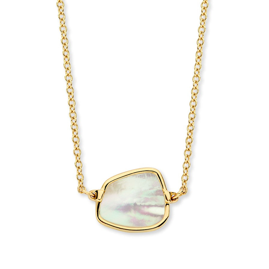 Gelbgoldenes Collier mit runder Ankerkette und perlmuttfarbener Anhänger