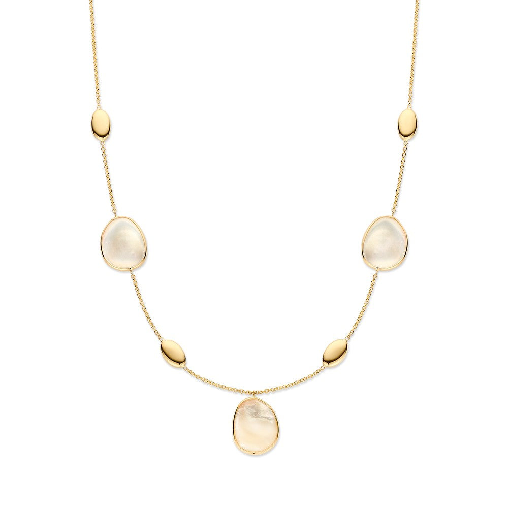 Gelbgoldenes Collier mit goldenen und Perlmutt-Elementen, 14 Karat, mit ovalen Anhängern