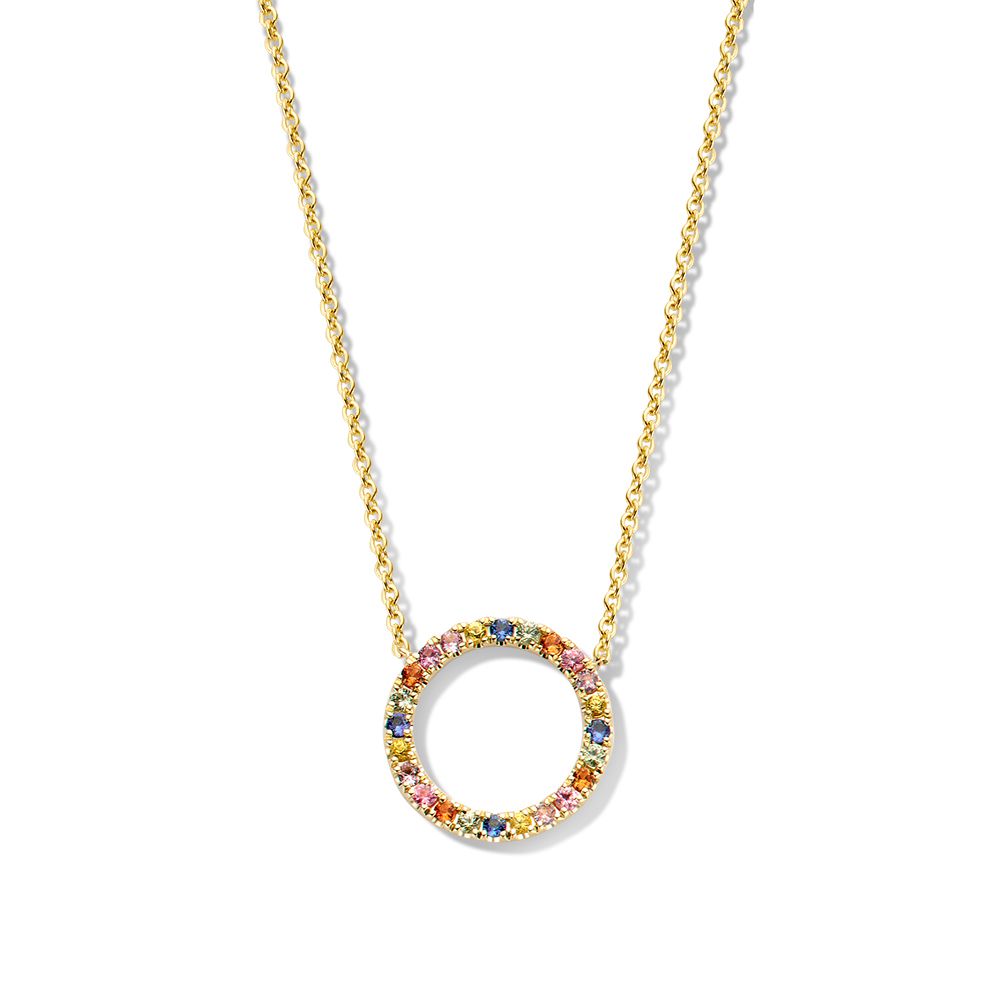Gelbgoldenes Collier mit runder Hänger und Regenbogen-Saphiren in verschiedenen Farben