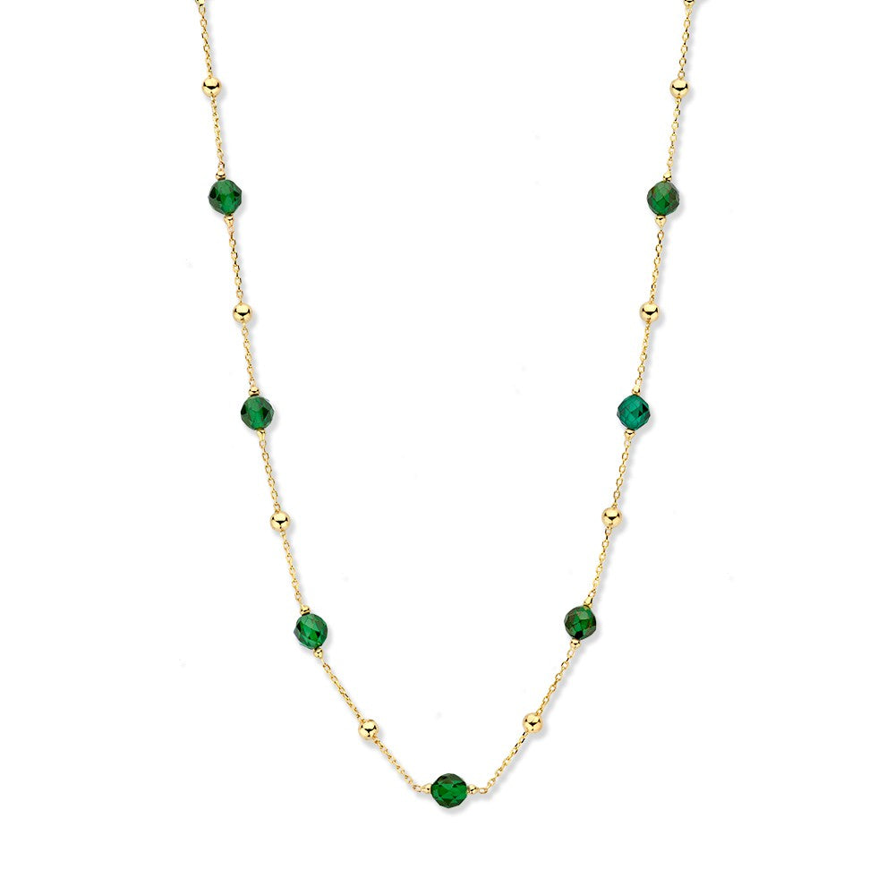 Gelbgoldenes Collier mit goldenen und grünen Zirkonia-Kugeln aus 14 Karat.