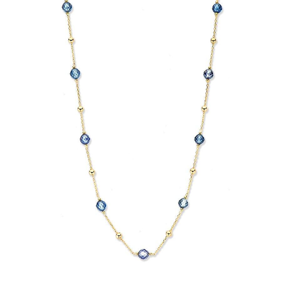 Gelbgoldenes Collier mit goldenen und blauen Zirkonia-Kugeln, 14 Karat