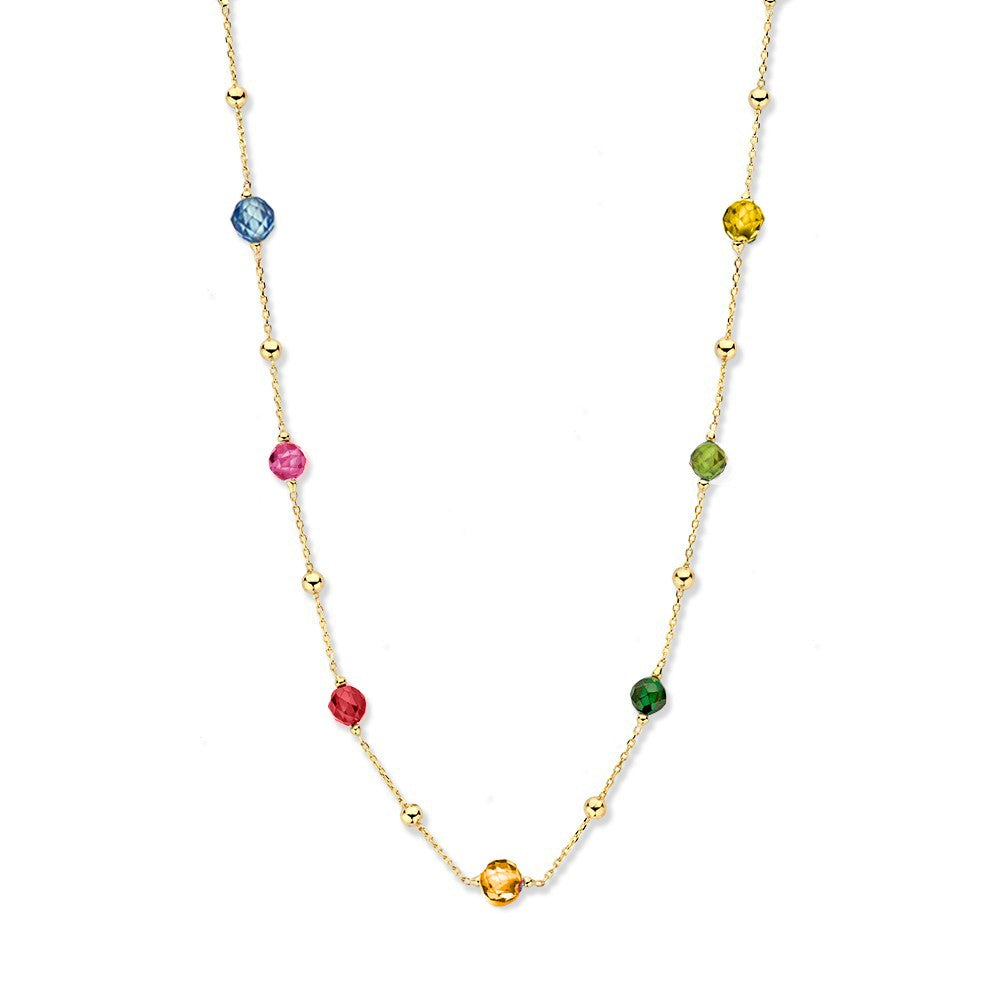 Collier aus Gelbgold mit bunten Zirkonia-Steinen und goldenen Kugeln