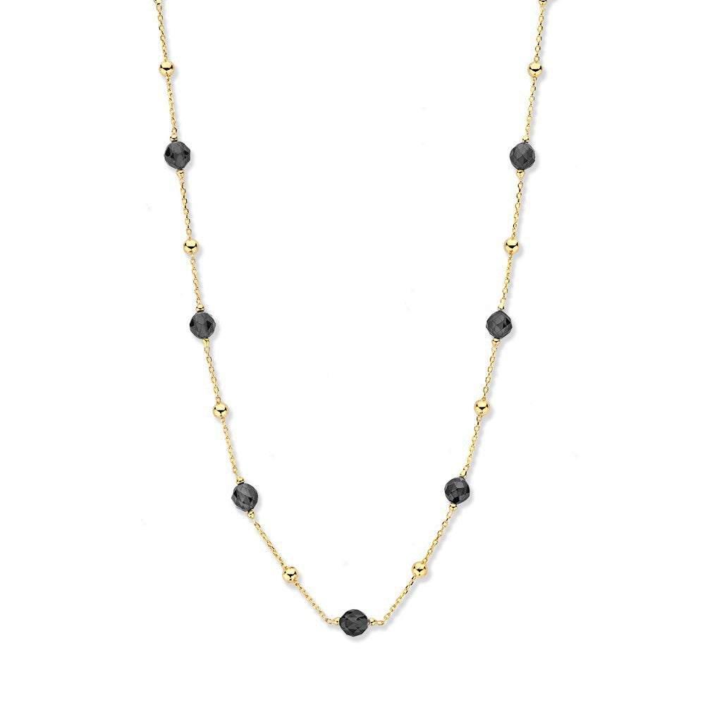 Collier aus Gelbgold mit Zirkonia und runden, schwarzen Steinen in gleichmäßigem Abstand