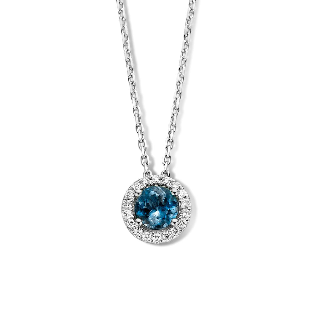 Collier aus 14-karätigem Weißgold mit London blue Topas und Diamanten, runder Anhänger