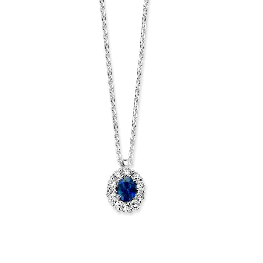 Witgouden Collier mit blauem Saphir und Diamanten, 14 Karat, mit filigraner Kette